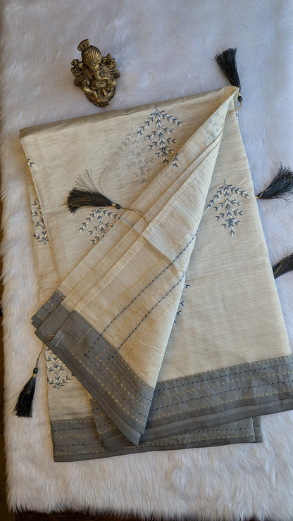 Cream and Grey Cotton mix Tussar silk with Embroidery