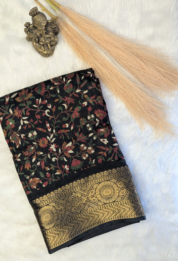 Soft Pashmina Print with Golden Border - Black