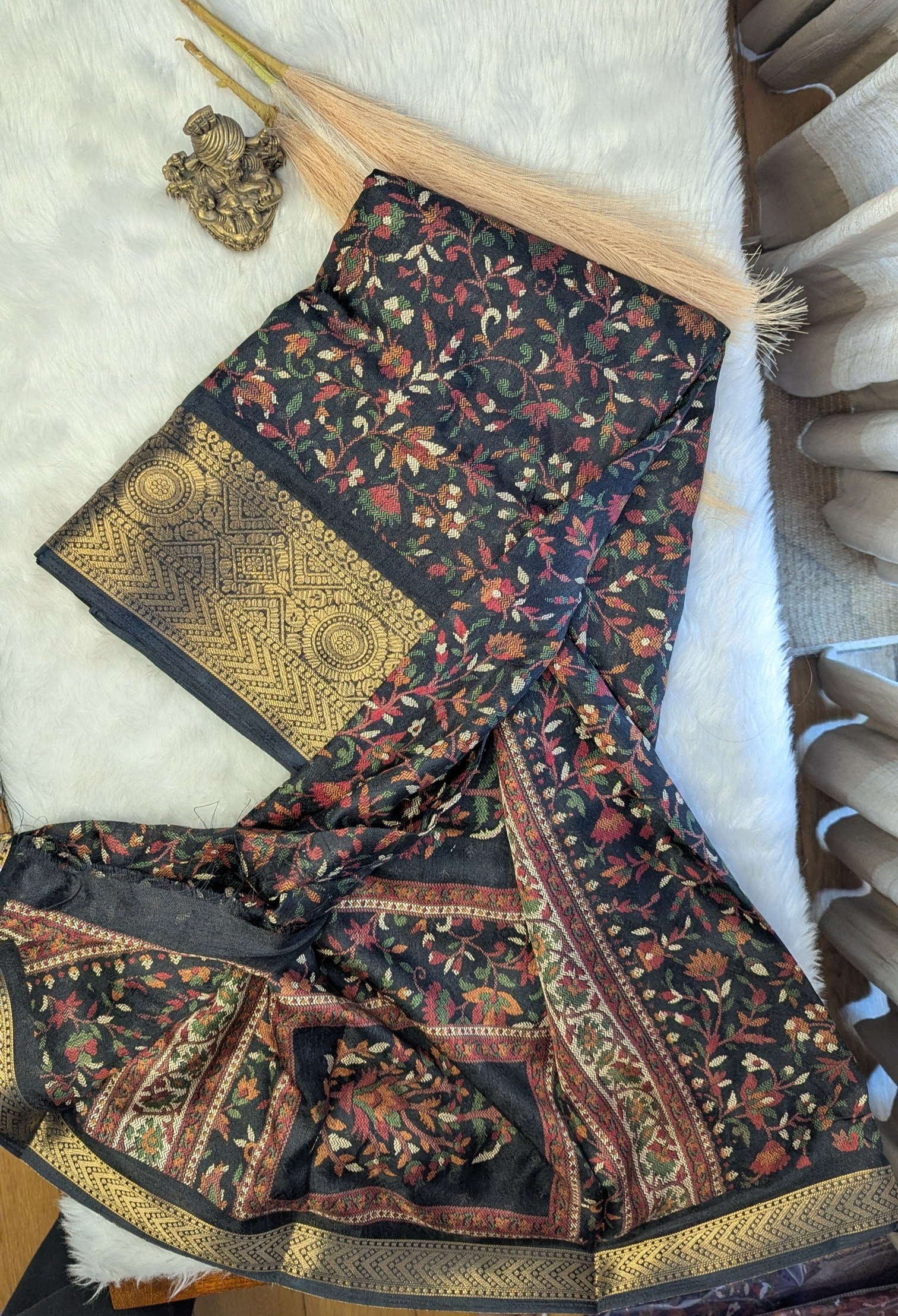 Soft Pashmina Print with Golden Border - Black