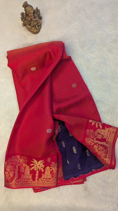 Dark Pink Crepe Silk Saree with Tree Border