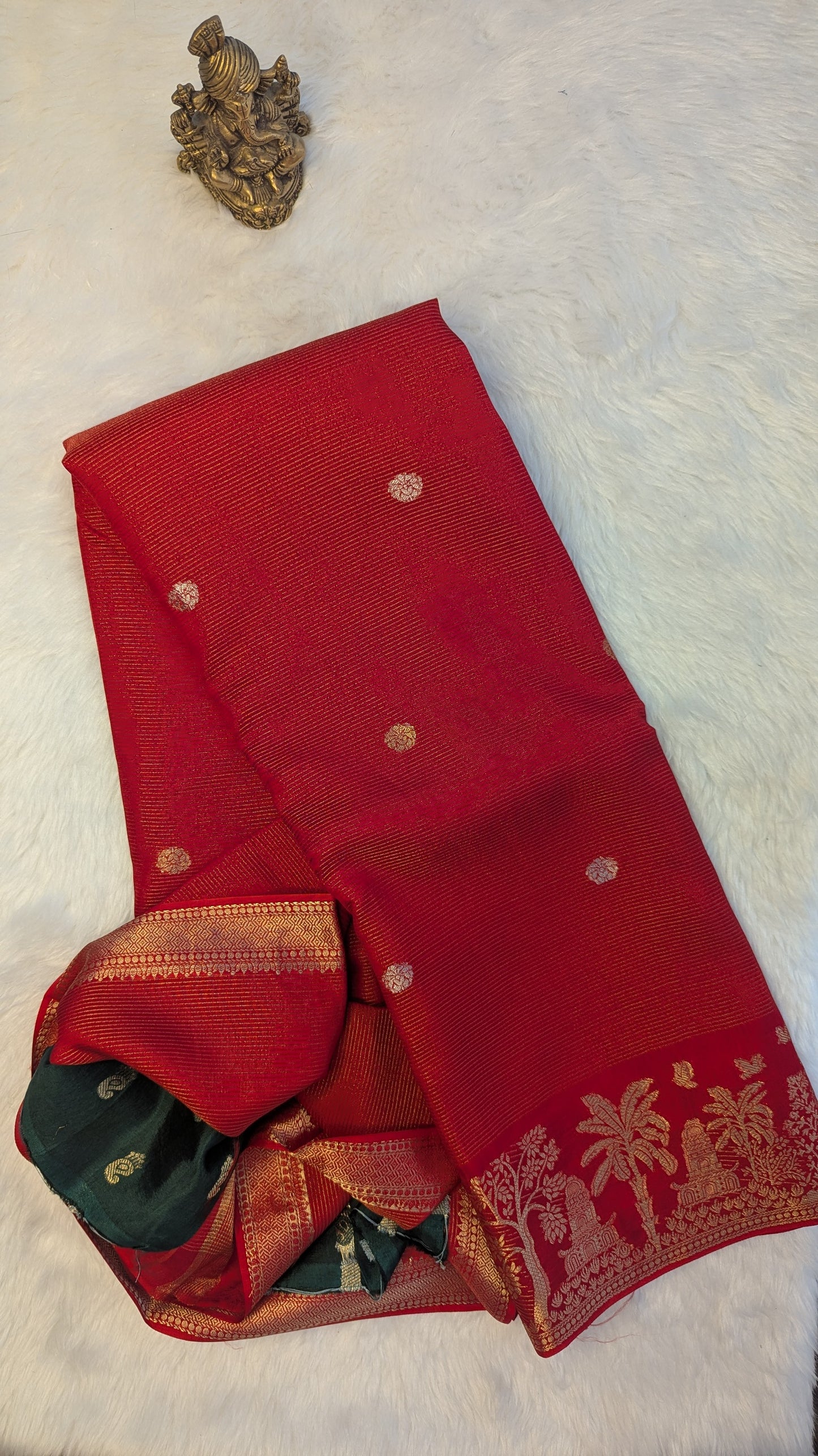 Red Crepe Silk Saree with Tree Border