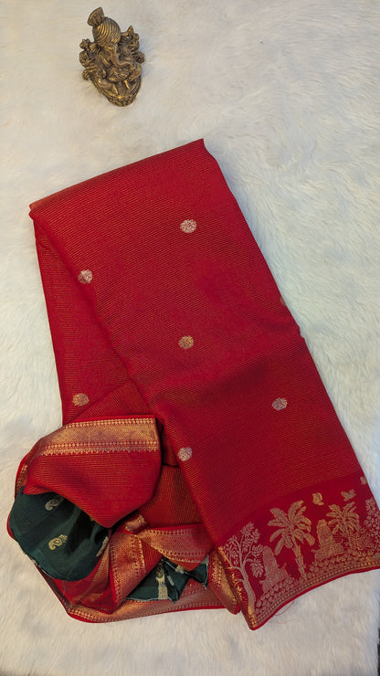 Red Crepe Silk Saree with Tree Border