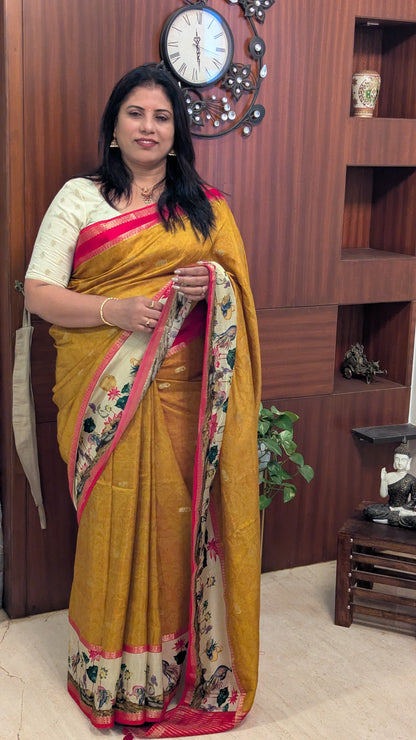 Mustard with Printed Border Crepe Silk Saree