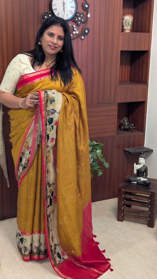 Mustard with Printed Border Crepe Silk Saree