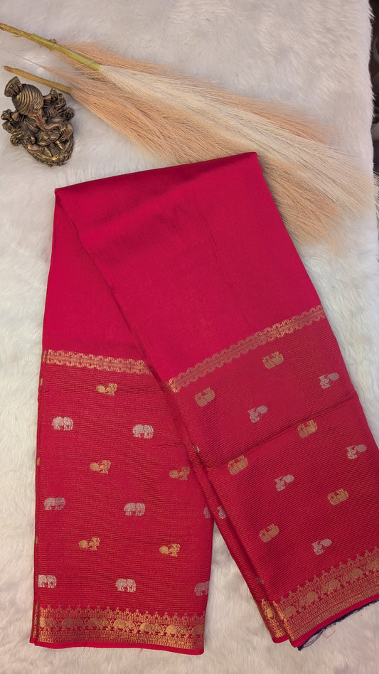 Magenta Crepe Silk Saree with Big border with Zari lines and Buttis