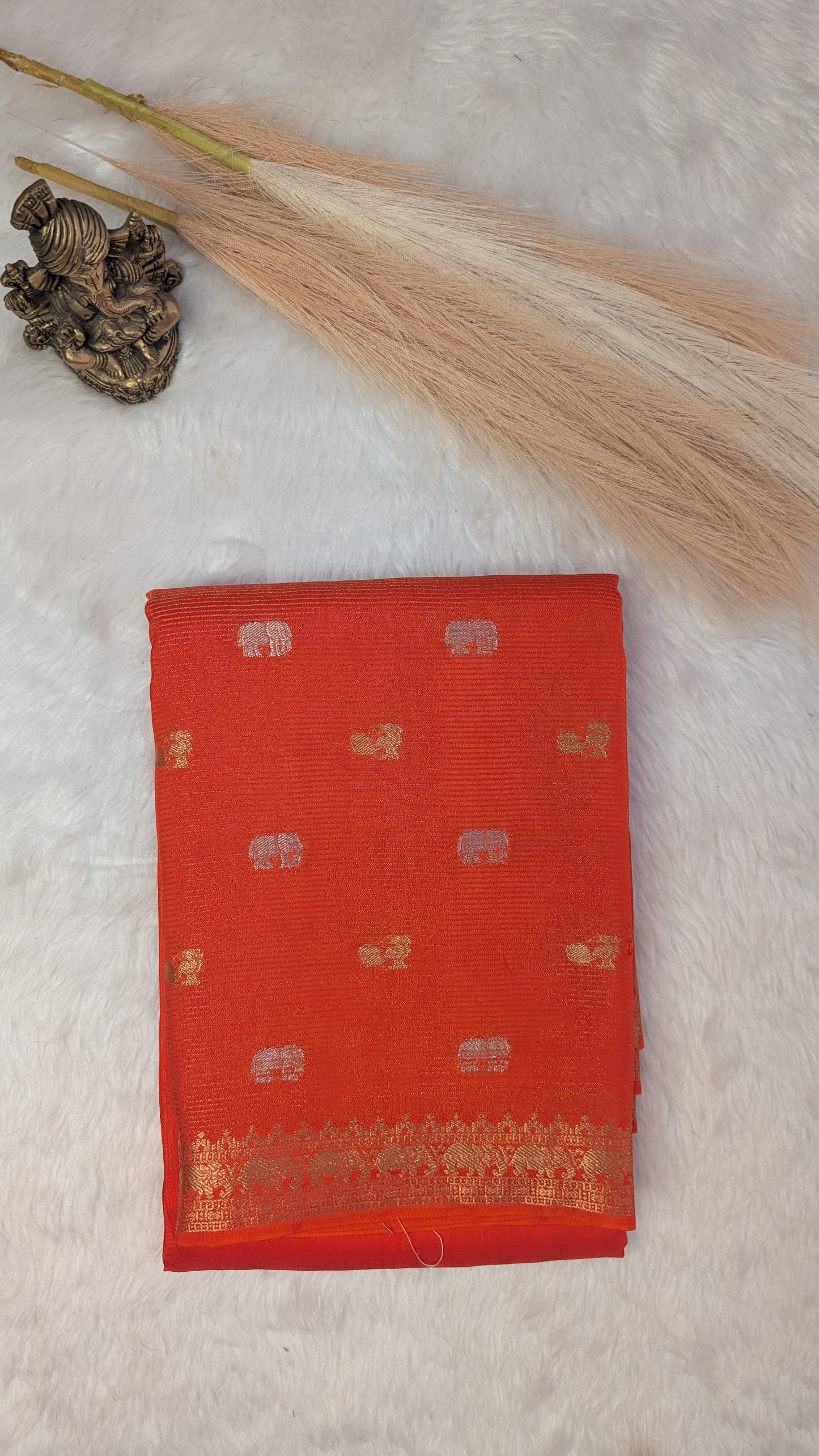 Orange Crepe Silk Saree with Big border with Zari lines and Buttis