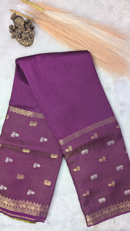 Purple Crepe Silk Saree with Big border with Zari lines and Buttis