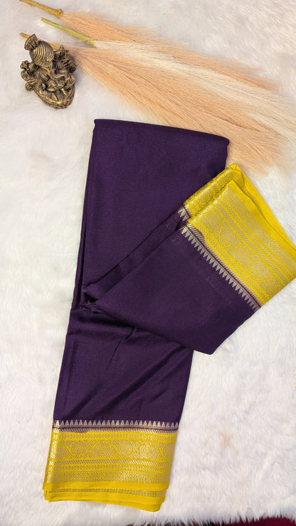 Purple and Yellow Border Semi Mysore Silk Saree