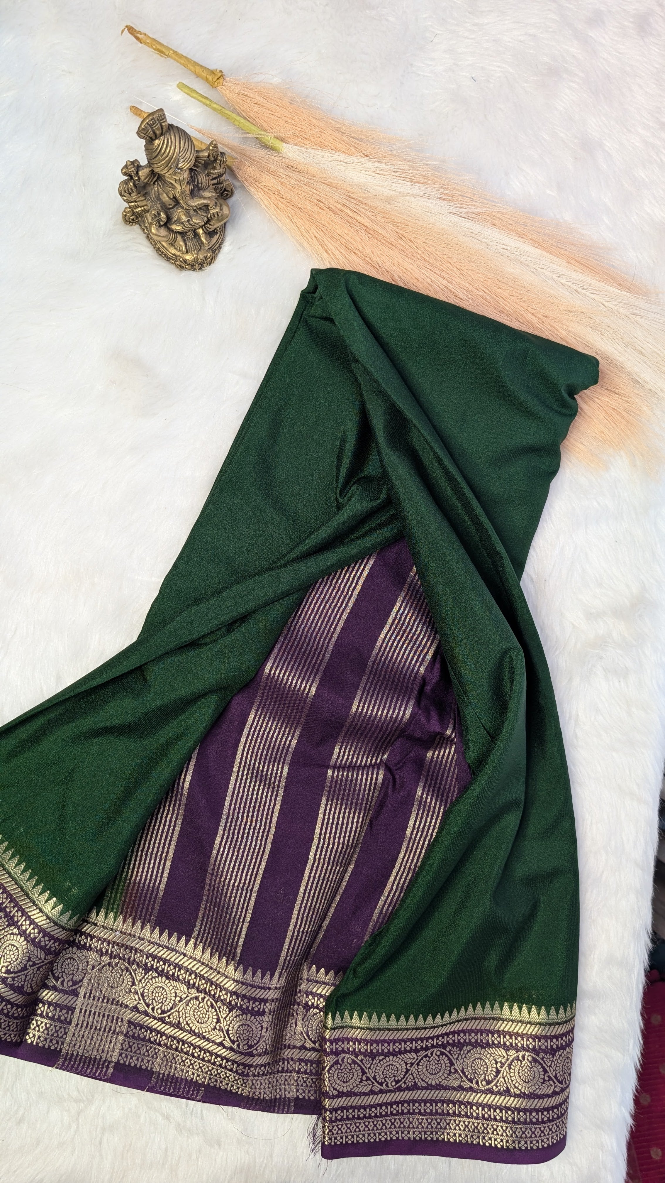 Green and Purple Border Semi Mysore Silk Saree