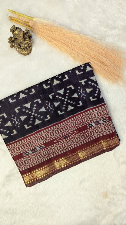 Navy Blue and Maroon Border Cotton Ikkat Saree