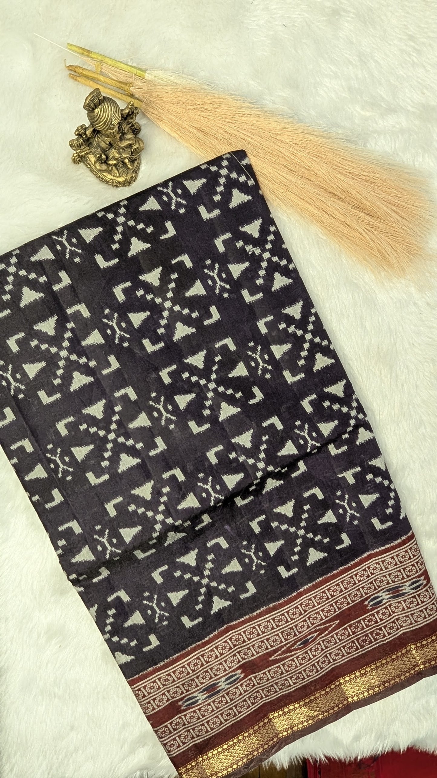 Navy Blue and Maroon Border Cotton Ikkat Saree