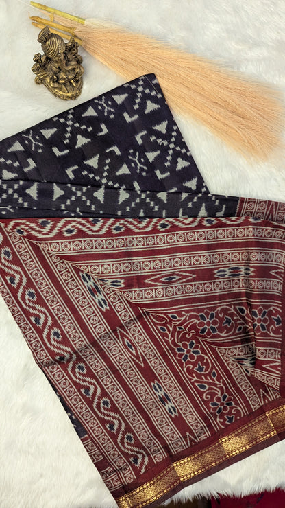 Navy Blue and Maroon Border Cotton Ikkat Saree