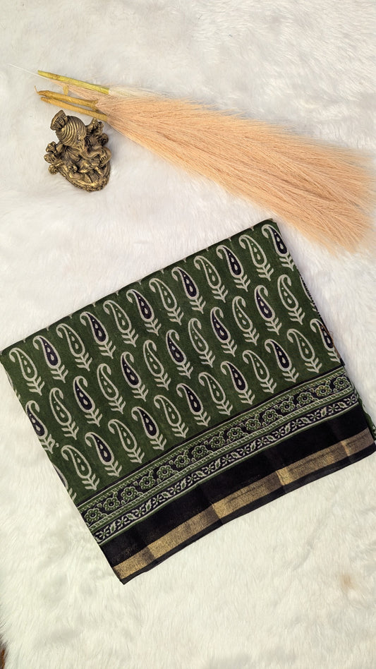 Green and Blue Border Cotton Ikkat Saree