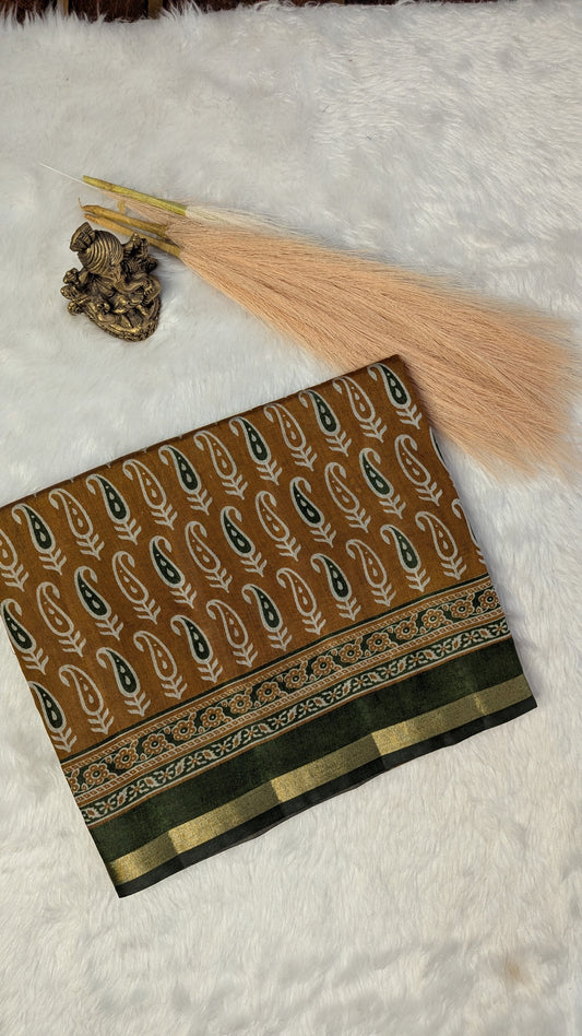 Mustard and Green Border Cotton Ikkat Saree