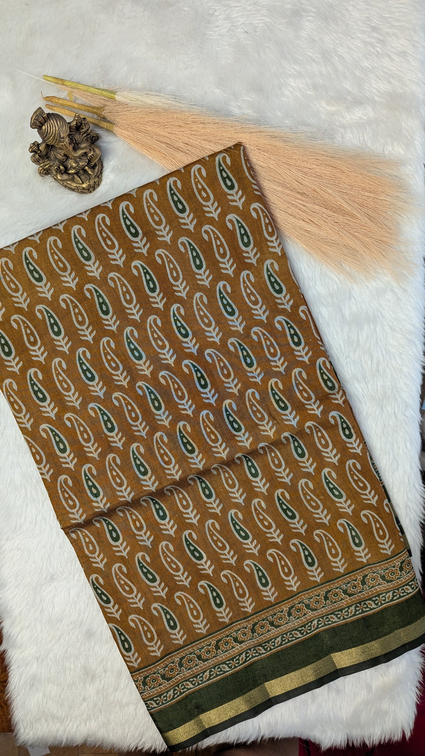 Mustard and Green Border Cotton Ikkat Saree