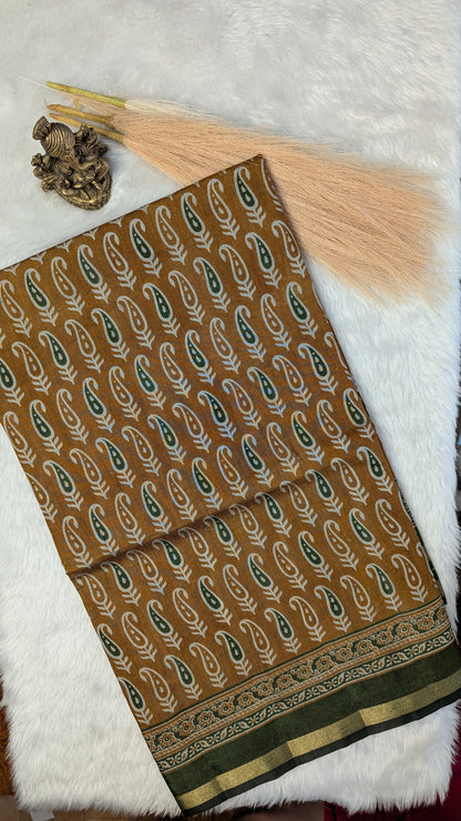 Mustard and Green Border Cotton Ikkat Saree