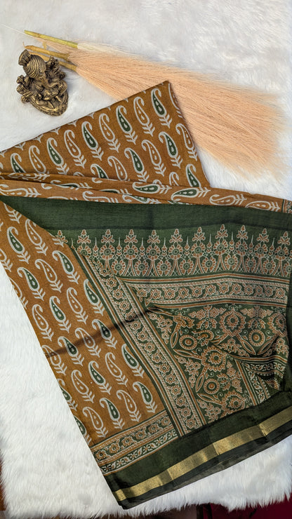 Mustard and Green Border Cotton Ikkat Saree