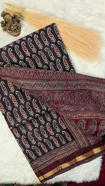 Navy Blue and Maroon Border Cotton Ikkat Saree