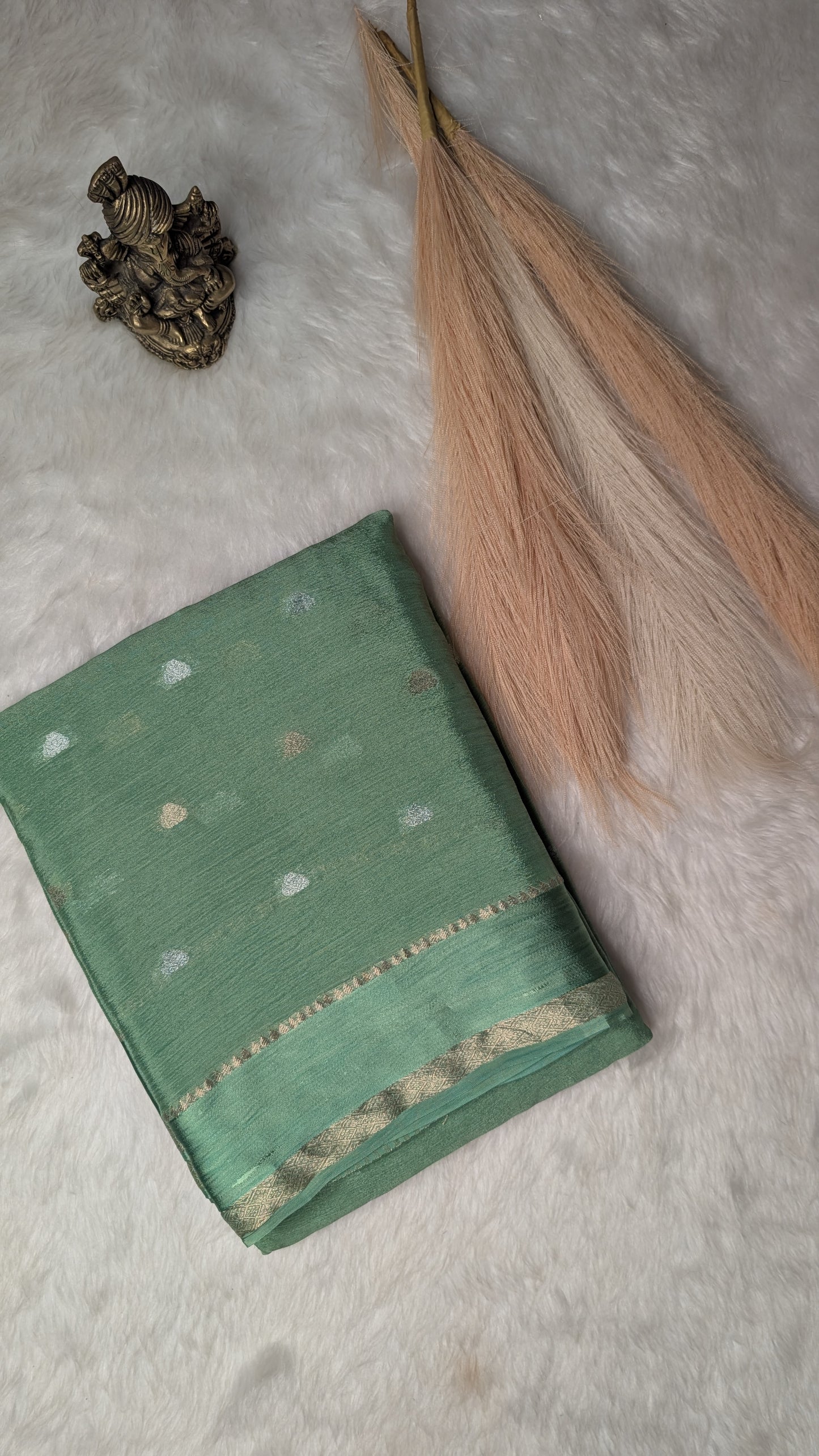 Georgette Crepe Silk with Golden Buttis- Pastel Green