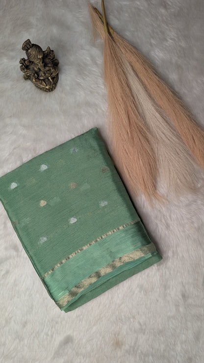 Georgette Crepe Silk with Golden Buttis- Pastel Green