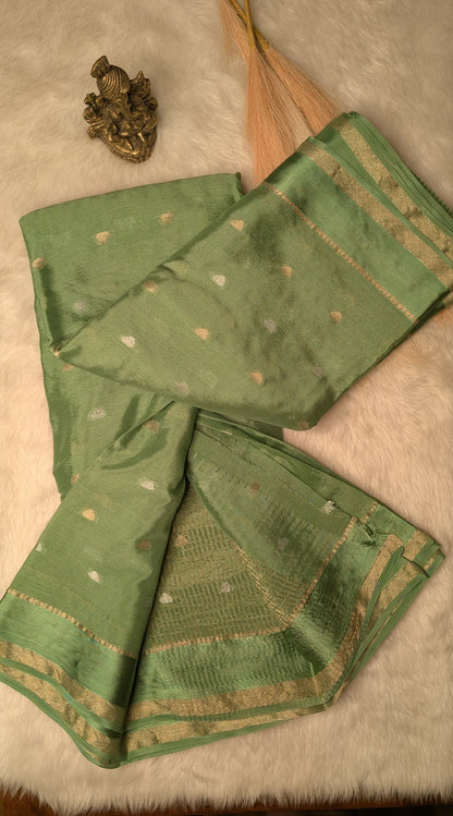 Georgette Crepe Silk with Golden Buttis- Pastel Green