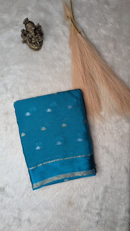 Georgette Crepe Silk with Golden Buttis- Blue