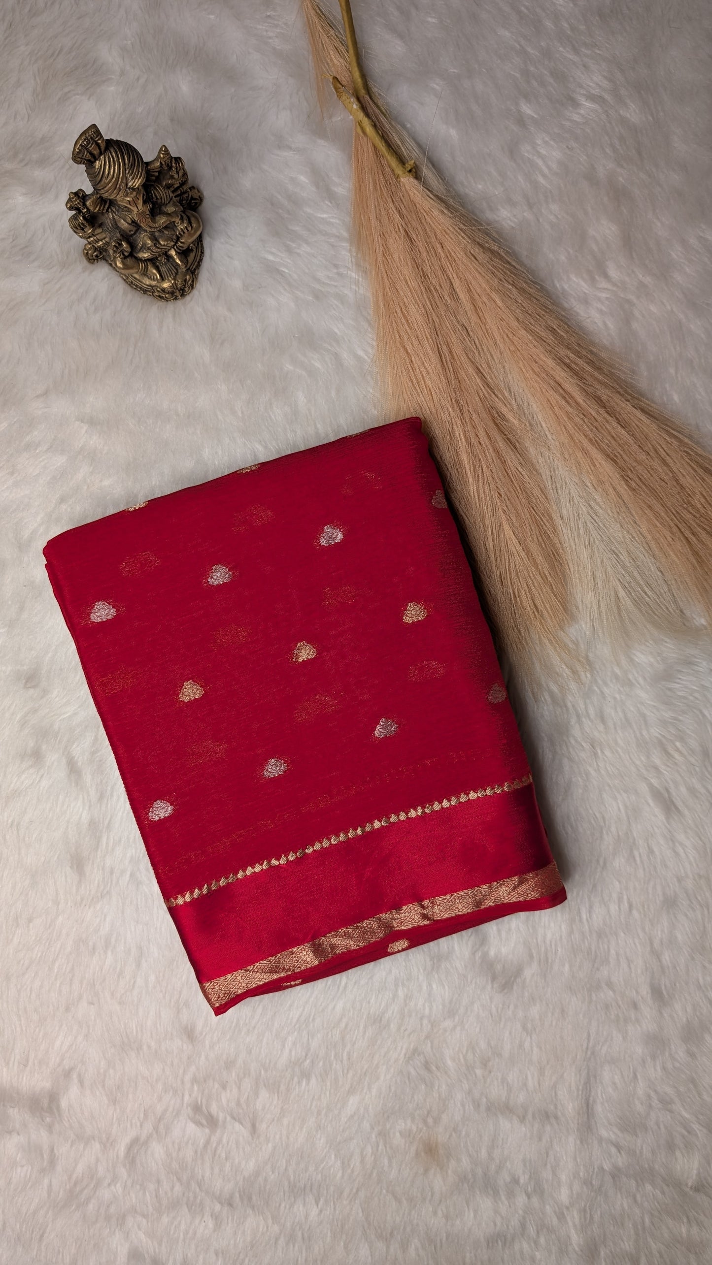 Georgette Crepe Silk with Golden Buttis- Red