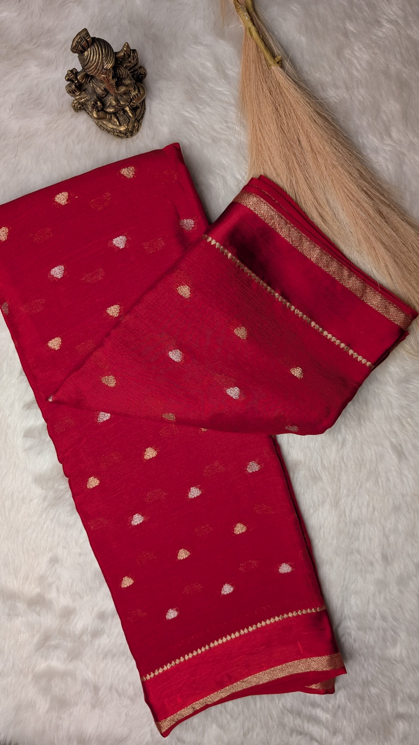 Georgette Crepe Silk with Golden Buttis- Red