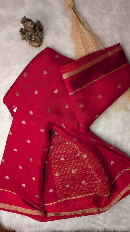 Georgette Crepe Silk with Golden Buttis- Red