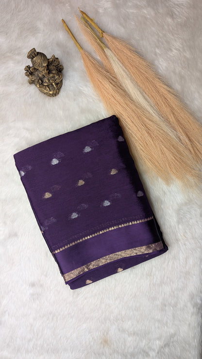 Georgette Crepe Silk with Golden Buttis- Purple