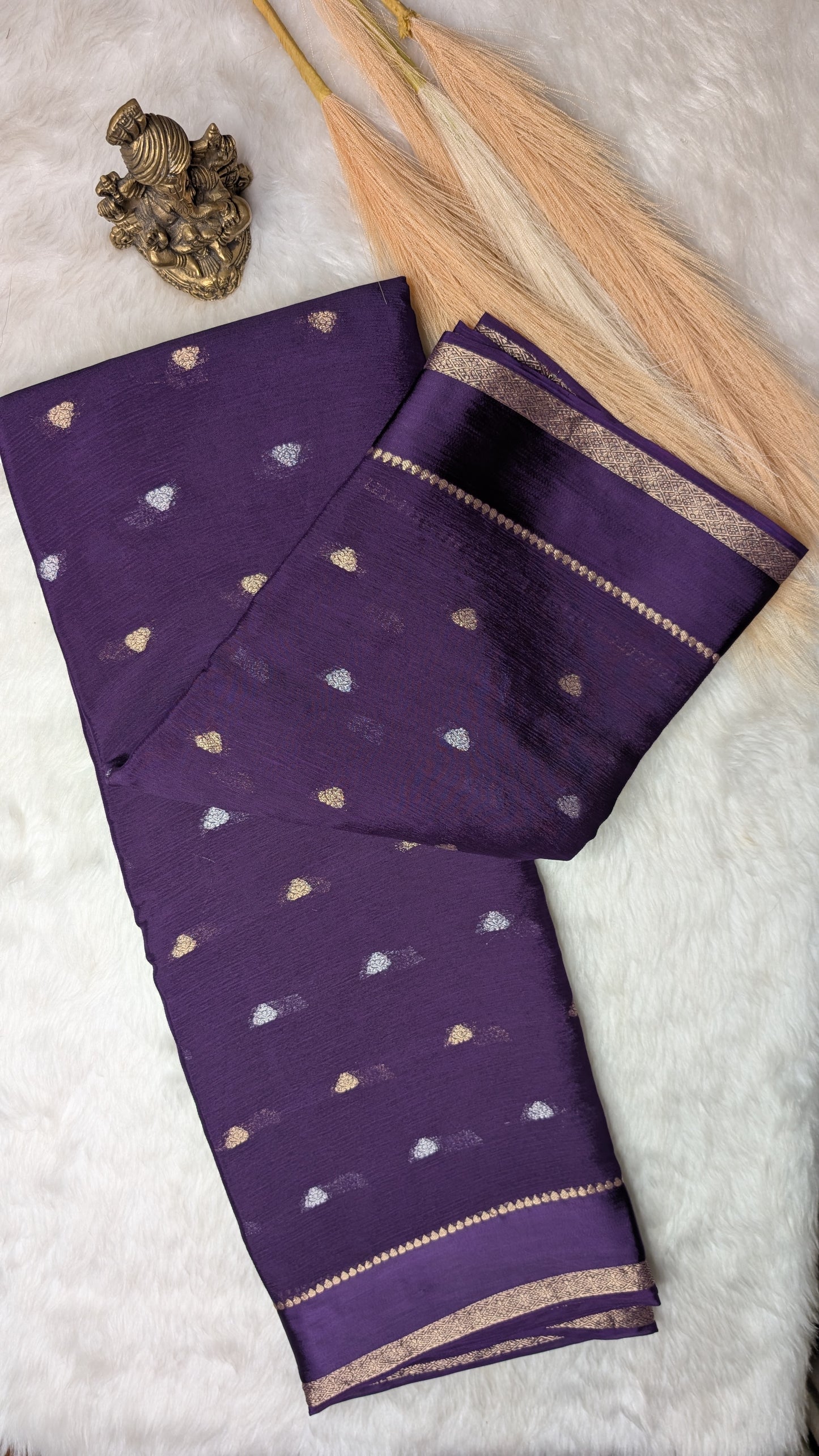 Georgette Crepe Silk with Golden Buttis- Purple