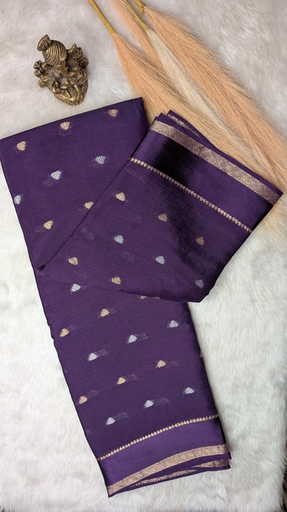 Georgette Crepe Silk with Golden Buttis- Purple