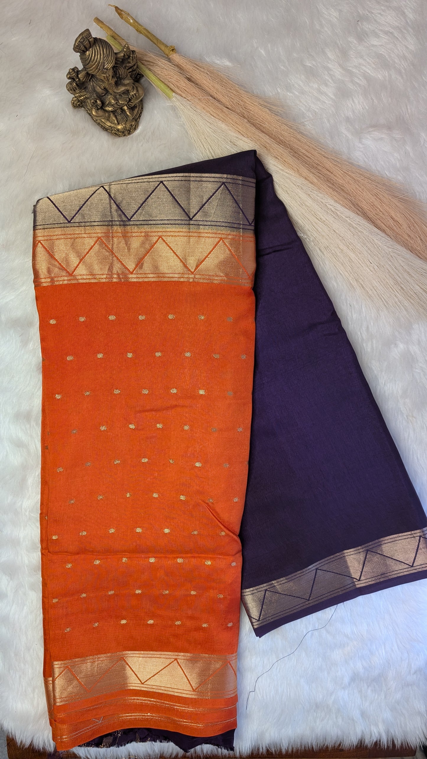 Orange and Purple Half n Half Crepe Silk Saree