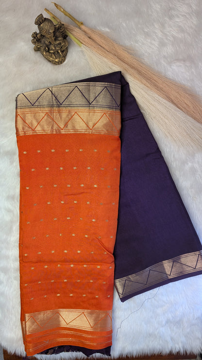 Orange and Purple Half n Half Crepe Silk Saree