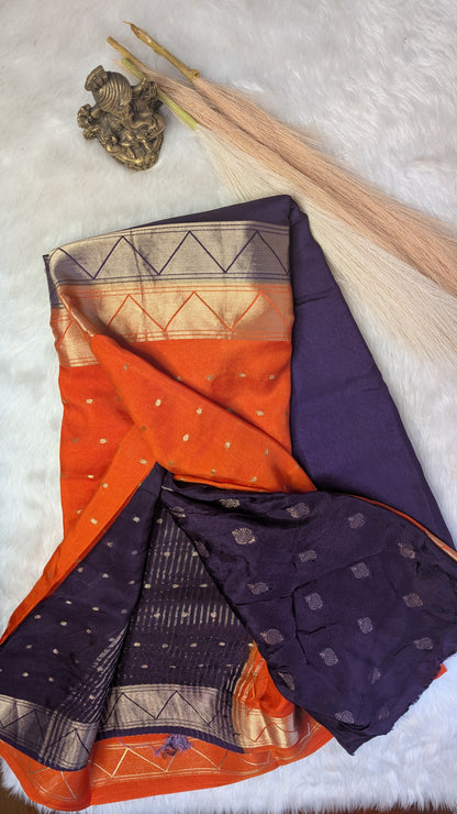 Orange and Purple Half n Half Crepe Silk Saree