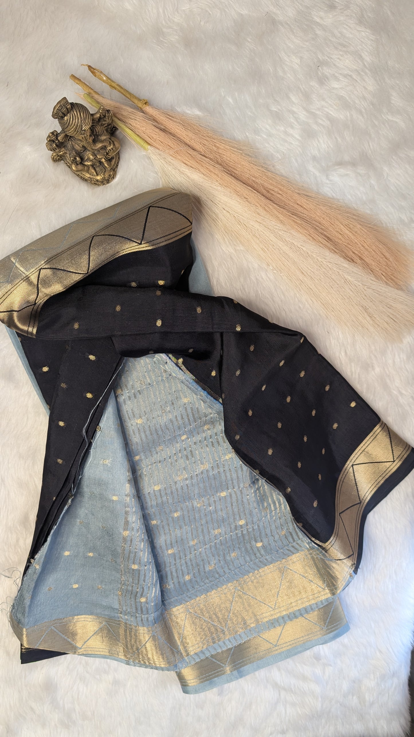 Black and Grey Half n Half Crepe Silk Saree