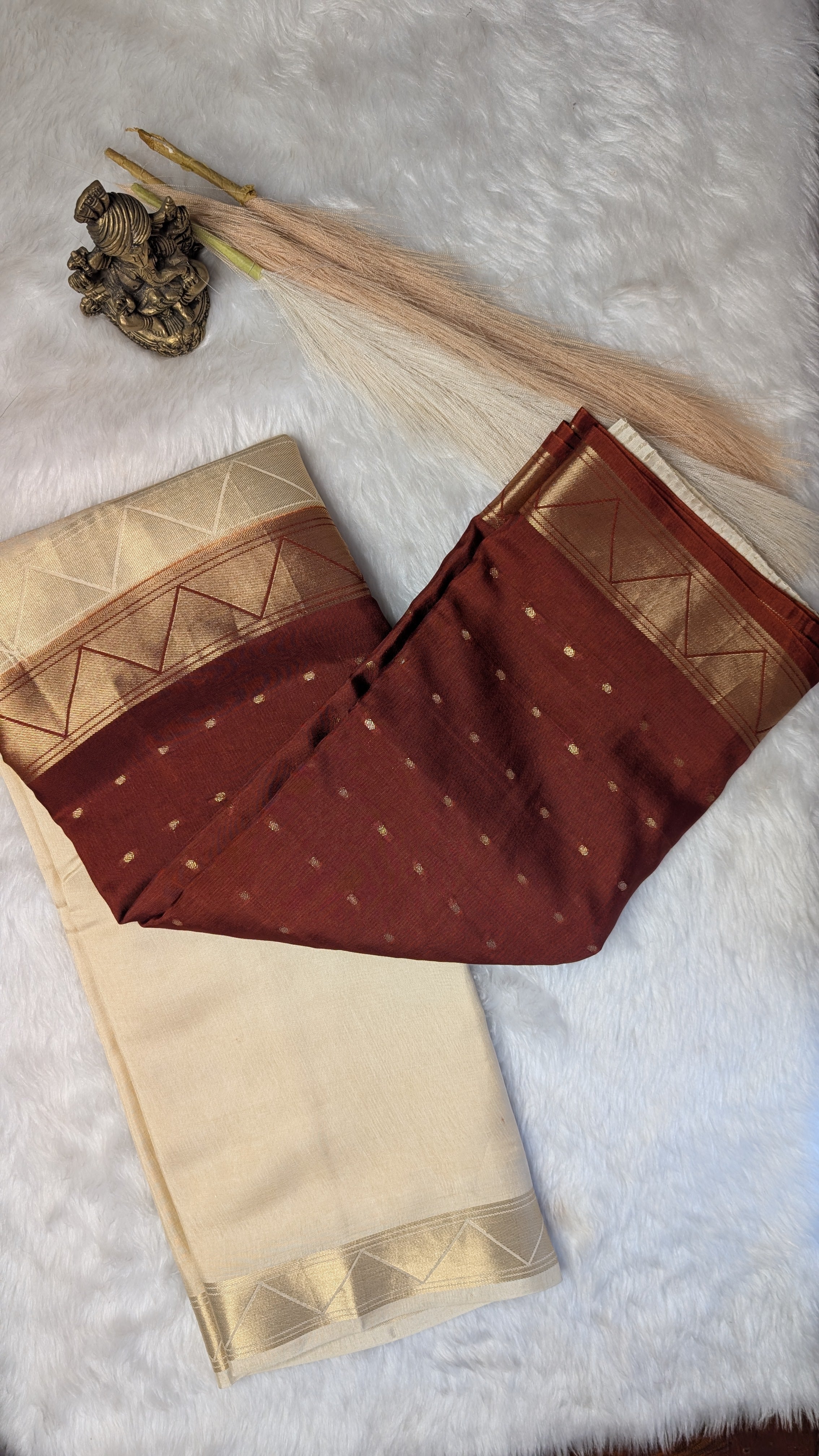 Rust Orange and Cream Half n Half Crepe Silk Saree