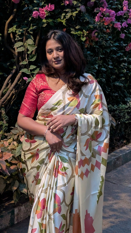 Cream Digital Print Satin Crepe Silk Saree