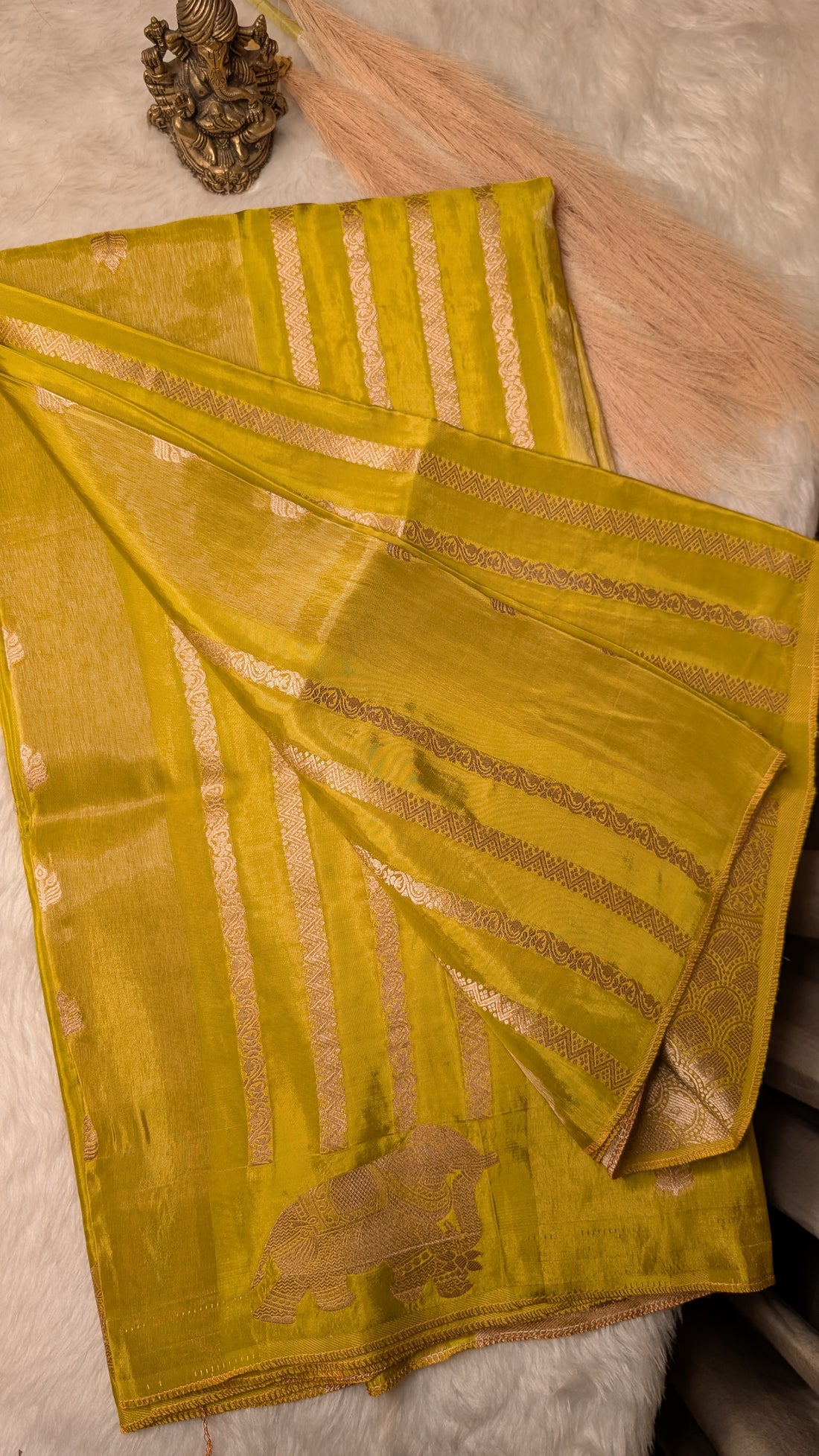 Mustard Tissue with Elephant and Zari Lines