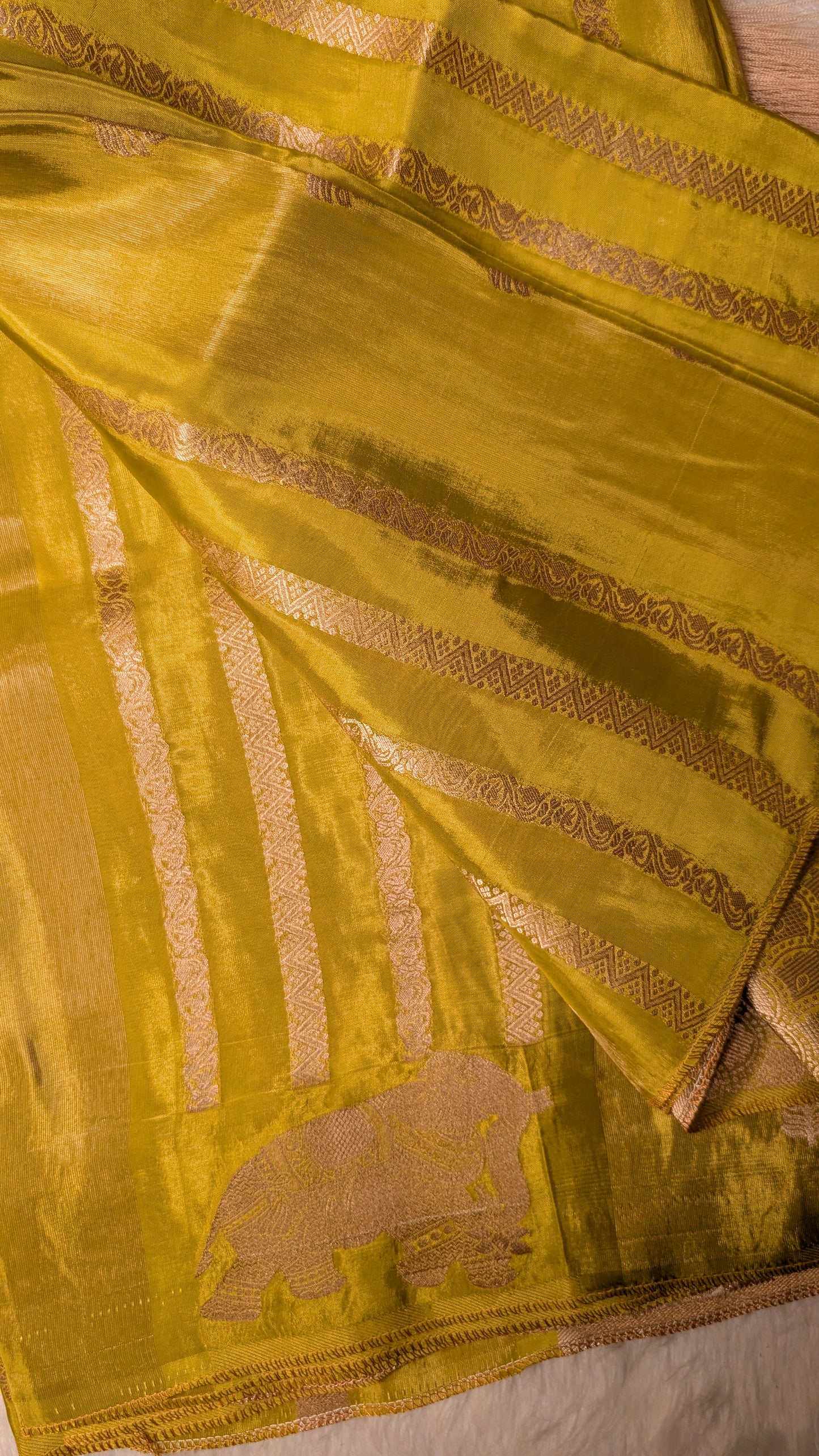 Mustard Tissue with Elephant and Zari Lines