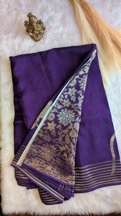 Purple Crepe Silk with Big Zari Flower Motifs