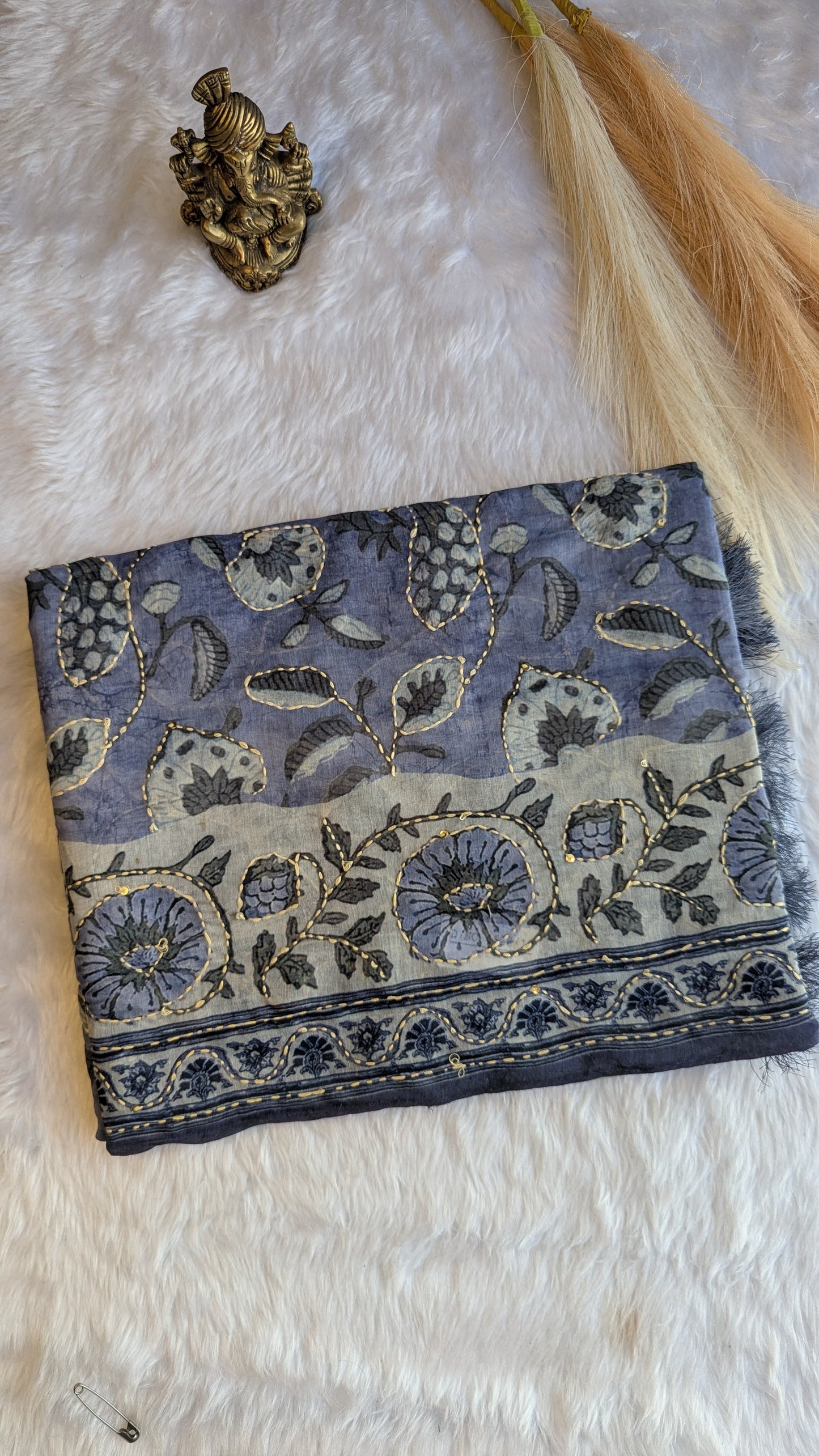 Blue Soft Cotton Handmade Kantha Work Saree