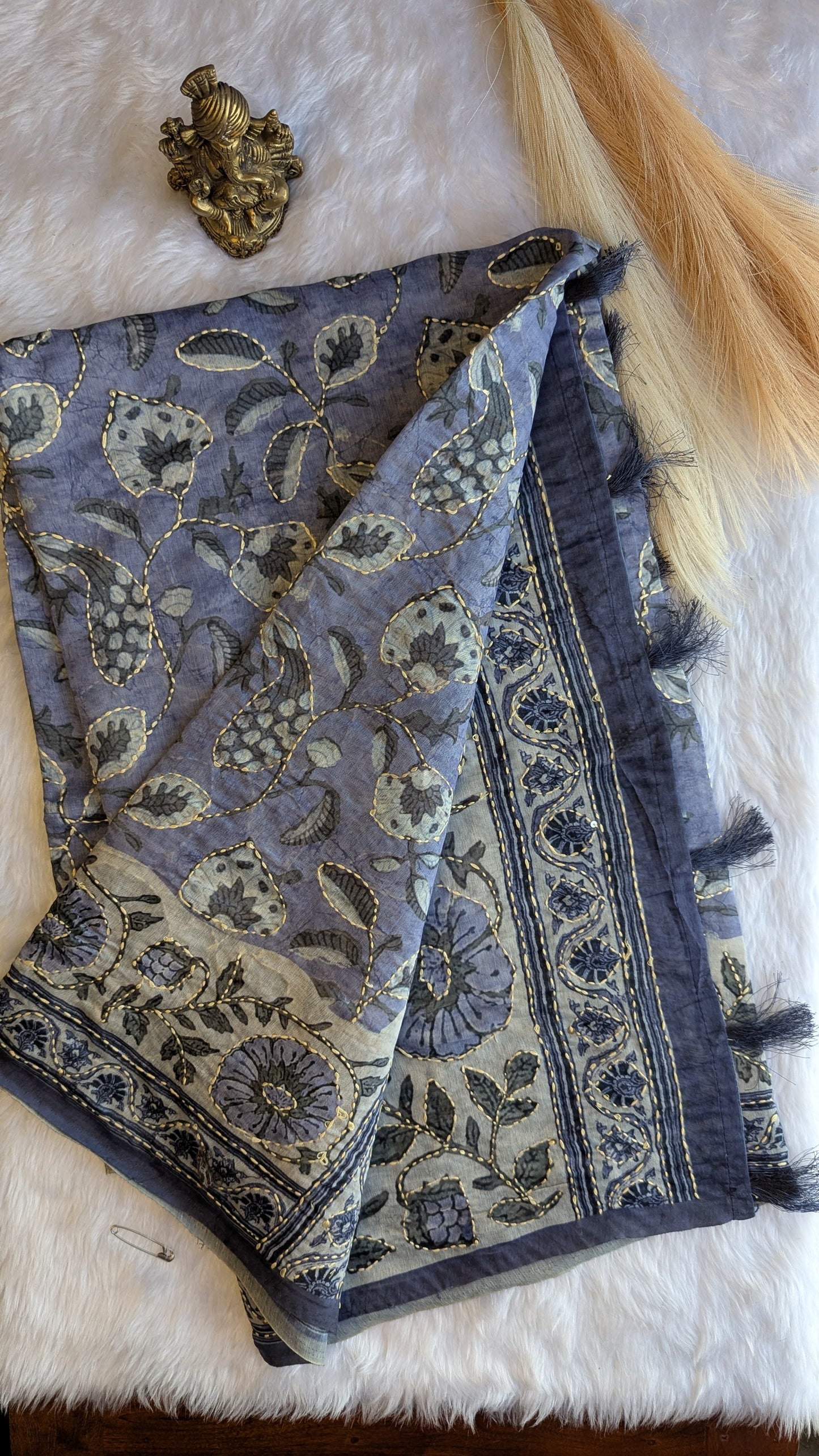 Blue Soft Cotton Handmade Kantha Work Saree