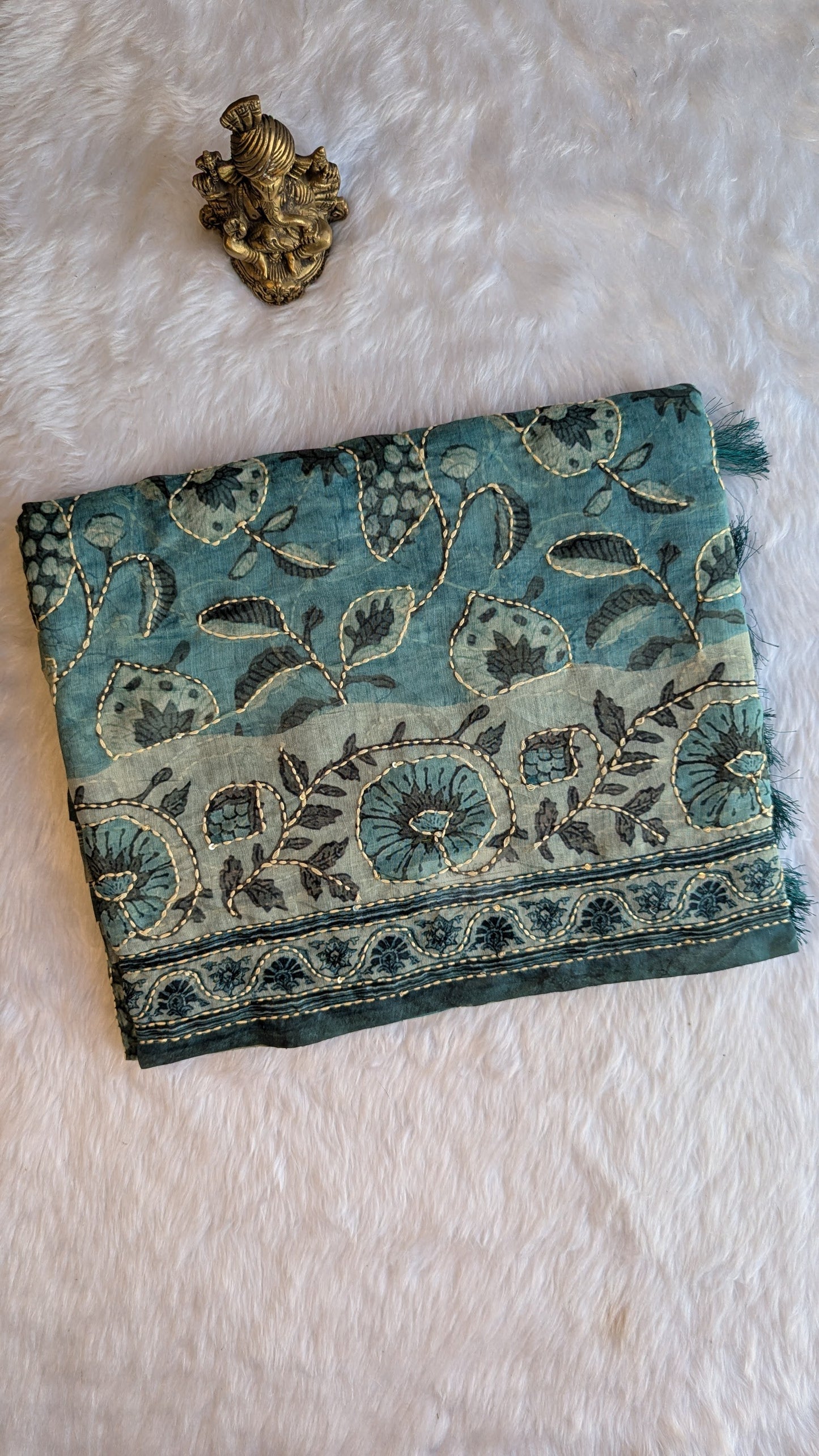 Sea Blue Soft Cotton Saree with Kantha Work