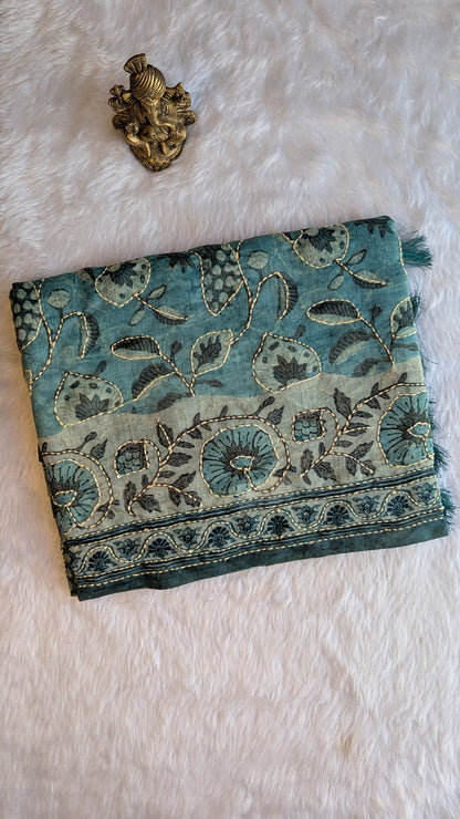 Sea Blue Soft Cotton Saree with Kantha Work