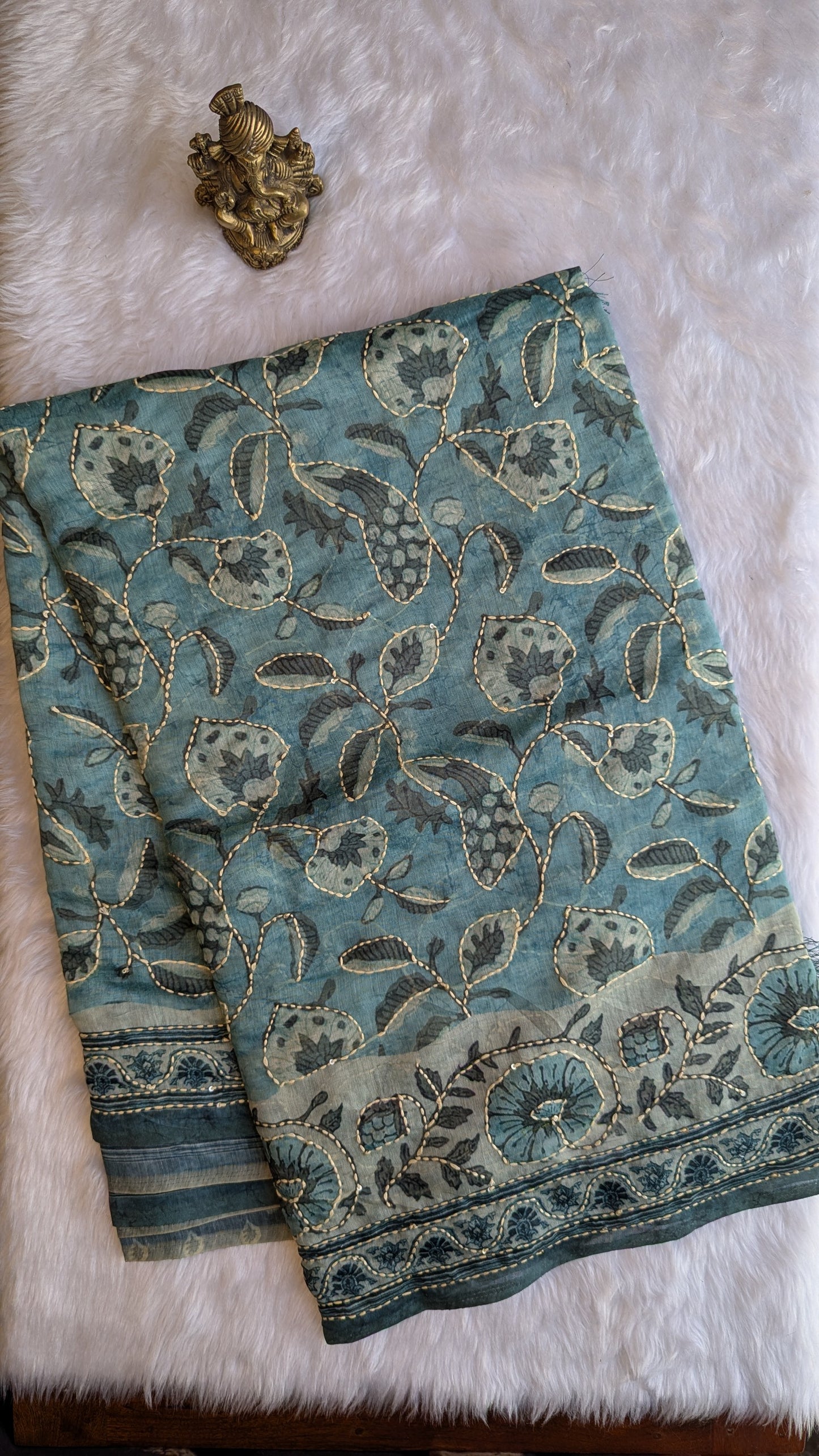 Sea Blue Soft Cotton Saree with Kantha Work