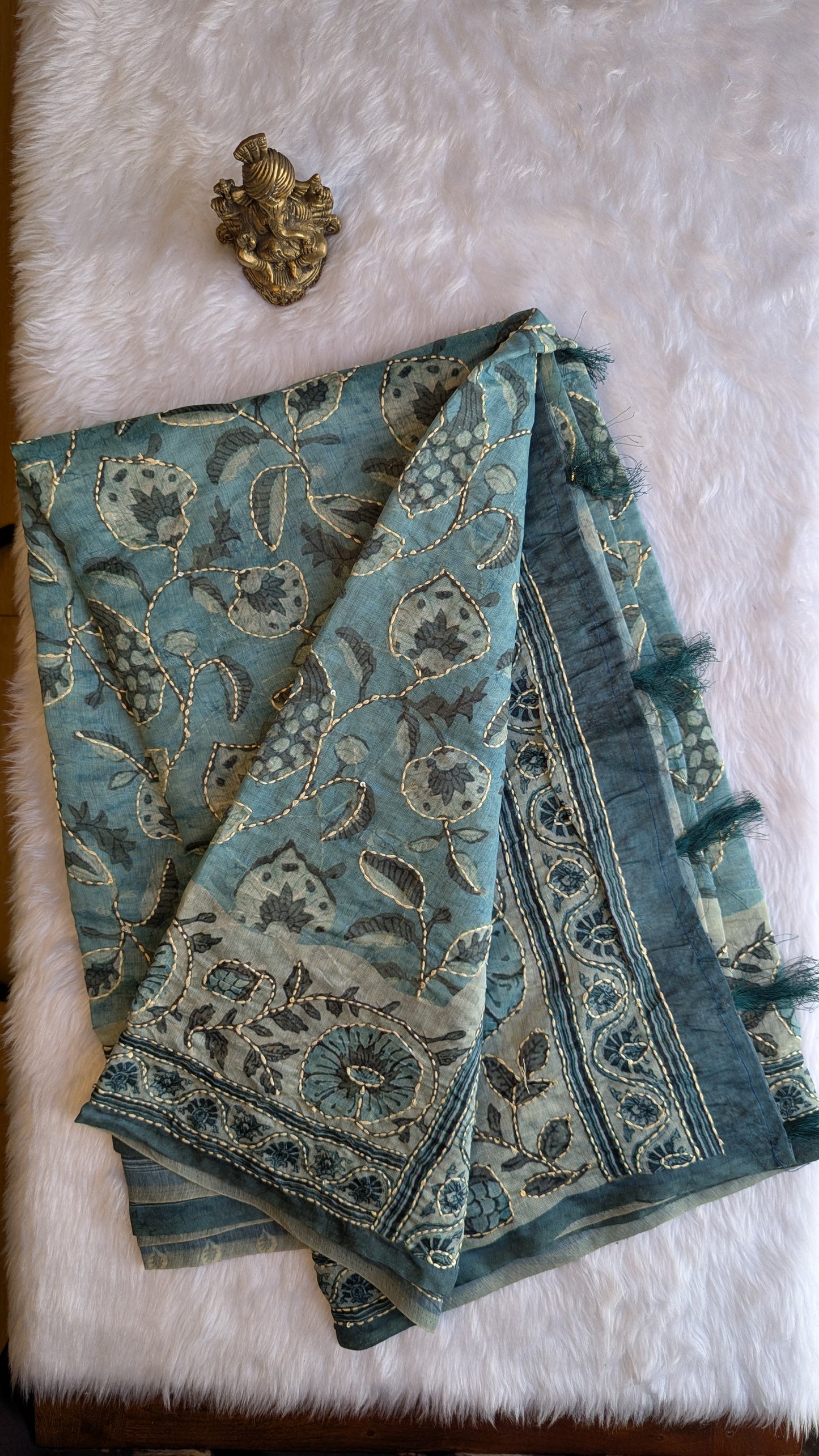Sea Blue Soft Cotton Saree with Kantha Work
