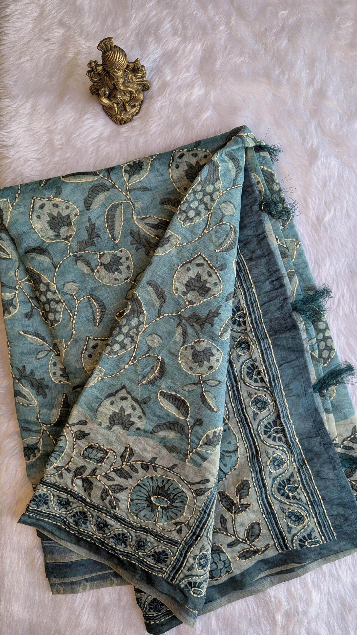 Sea Blue Soft Cotton Saree with Kantha Work