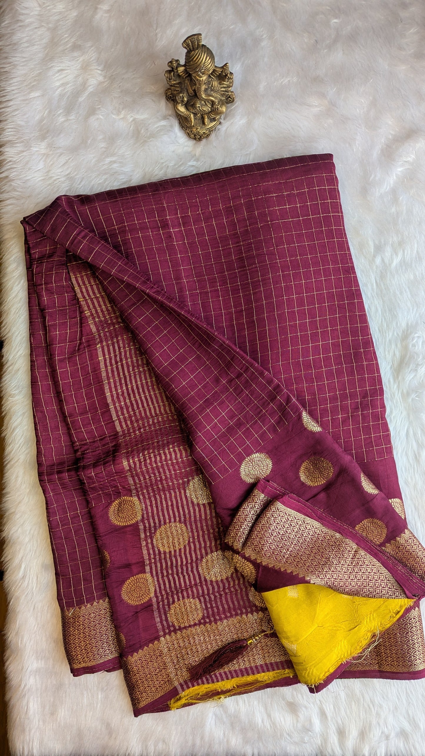 Maroon Crepe Silk with Checks and Border Buttis
