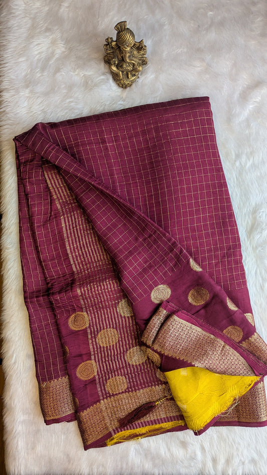 Maroon Crepe Silk with Checks and Border Buttis